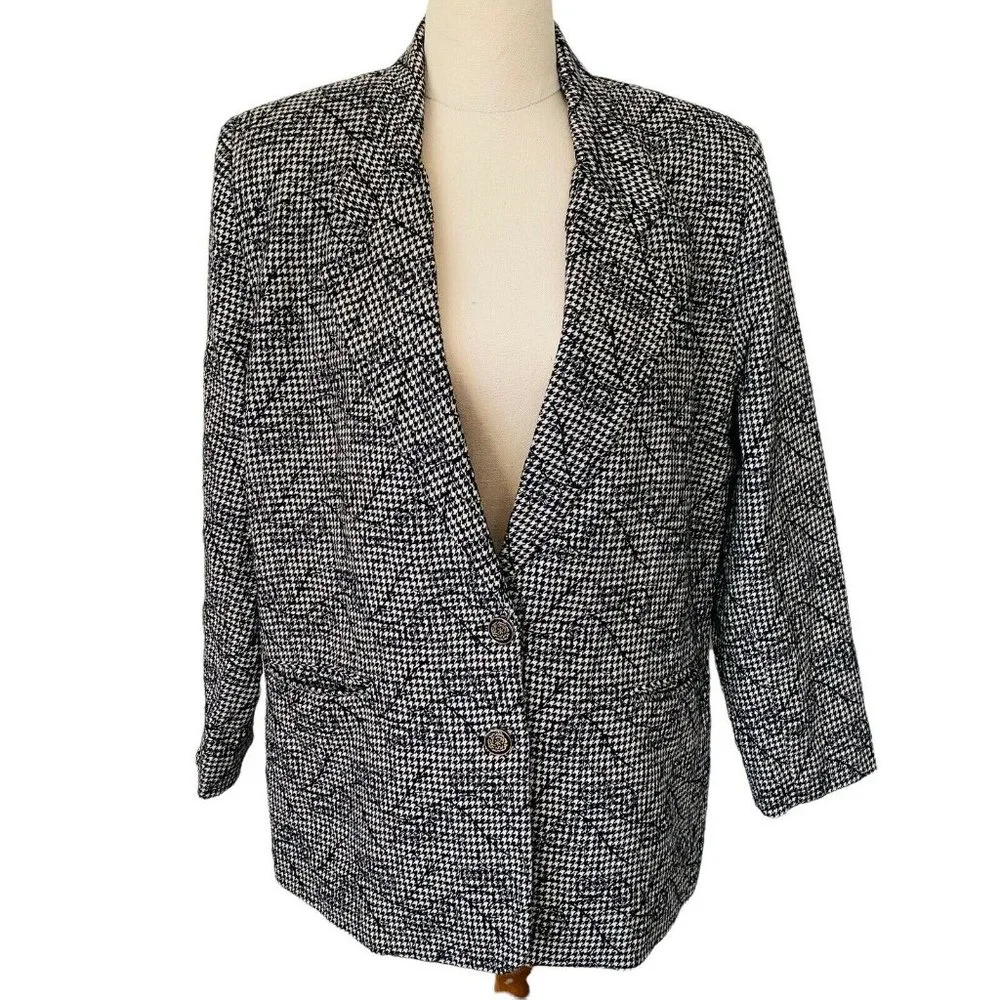 Vintage Women’s Size M/L Pure Wool Houndstooth Floral Boyfriend Blazer Jacket - Picture 1 of 12